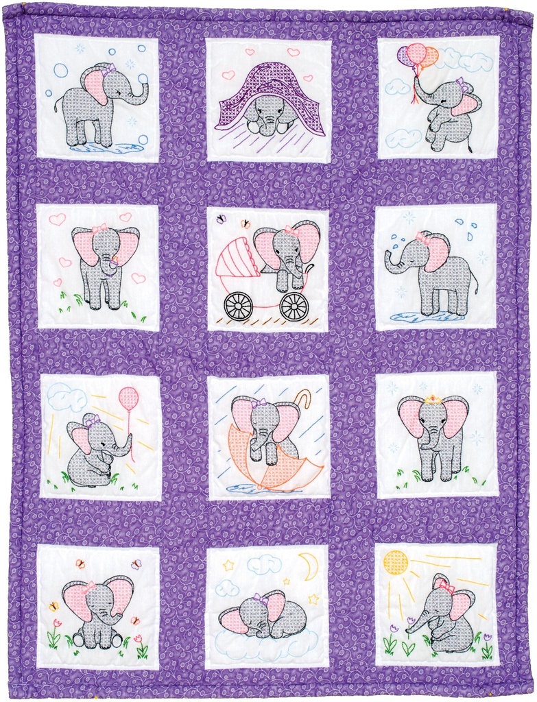 Jack Dempsey Stamped White Nursery Quilt Blocks 9"X9" 12/Pkg-Elephants (26916)