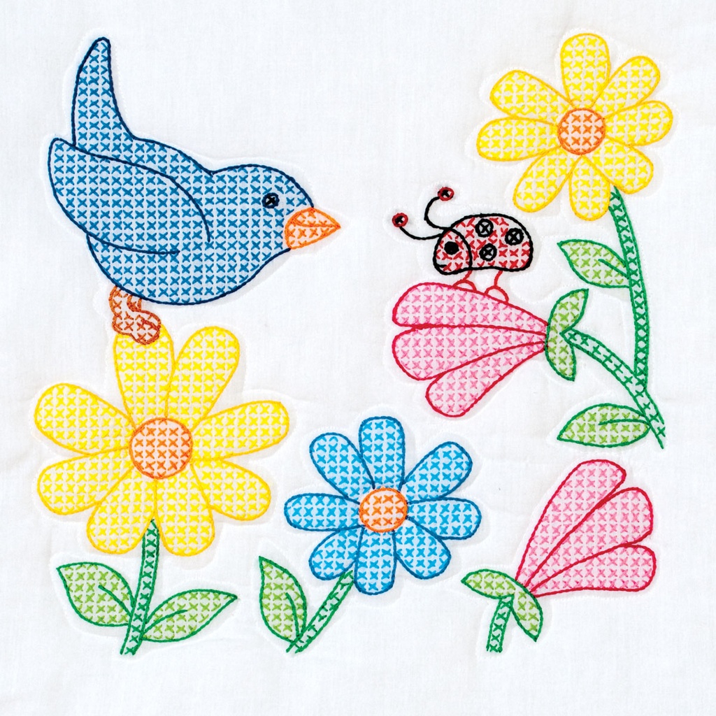 Jack Dempsey Stamped White Quilt Blocks Birds & Flowers 18"X18" 6/Pkg #732-852 (33263)