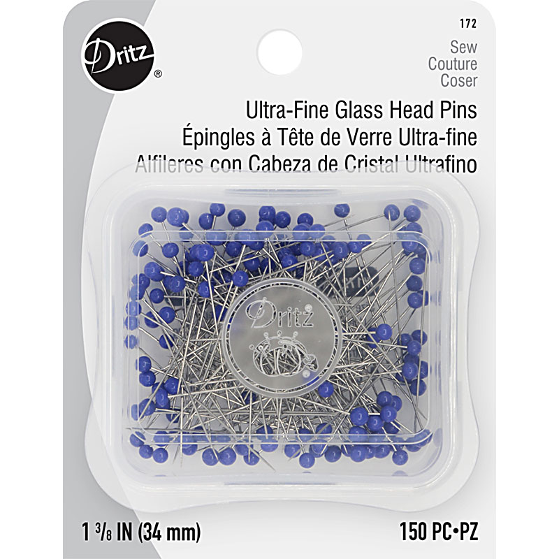 Dritz 172 Glass Head Pins, Ultra Fine, 1-3/8-Inch (150-Count) , Blue (13018)