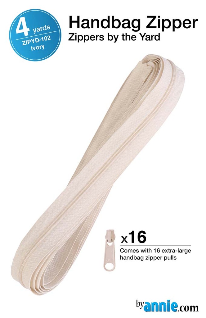 4 yards of 16mm #4.5 zipper chain and 16 Extra-Large Coordinated Pulls Ivory (36228)