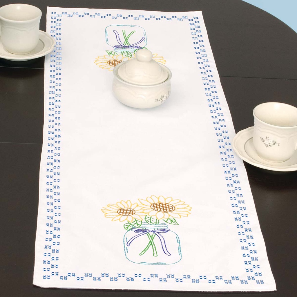 Jack Dempsey Needle Art Sunflowers in Mason Jar Table Runner (36624)