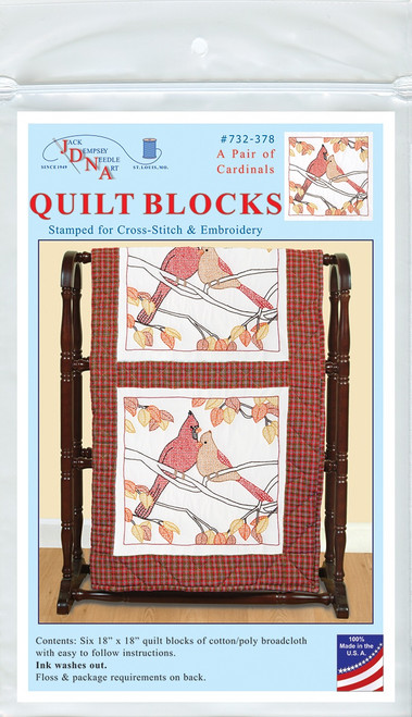 Jack Dempsey Stamped White Quilt Blocks 18"X18" 6/Pkg-A Pair of Cardinals #732-378 (36779)