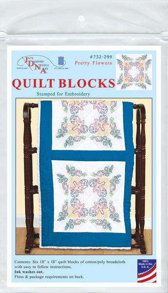 Jack Dempsey Pretty Flowers Stamped White Quilt Blocks 18"X18" 6/Pkg #732-299 (36951)