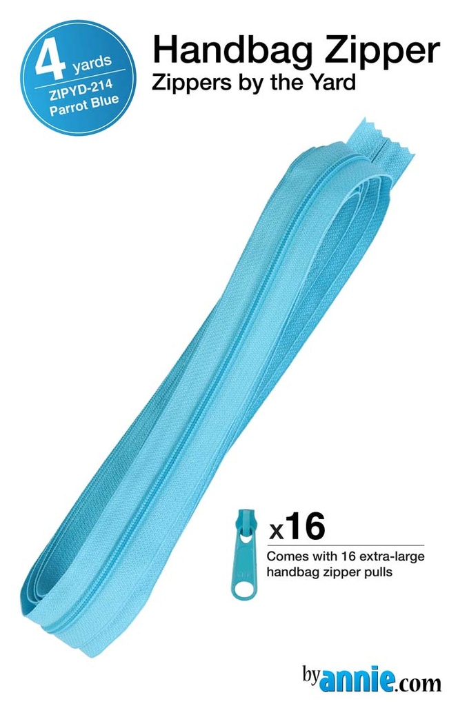 4 yards of 16mm #4.5 zipper chain and 16 Extra-Large Coordinated Pulls Parrot Blue (33755)